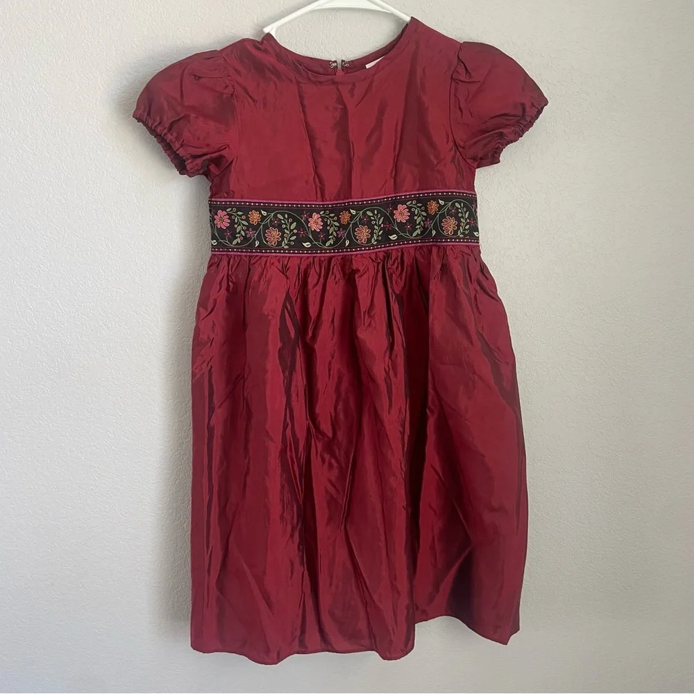Hanna Andersson Girls Red Holiday Dress Puff Sleeve Embroidered Waist Size 6
